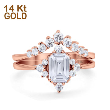 14K Rose Gold Emerald Cut Art Deco Two Piece Bridal Set Ring Engagement Band Simulated CZ Size-7
